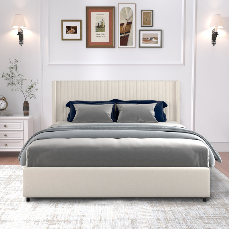 Mercer41 Queen Size Ivory Velvet Bed with 2 Patented Drawers Wingback Headboard Wayfair